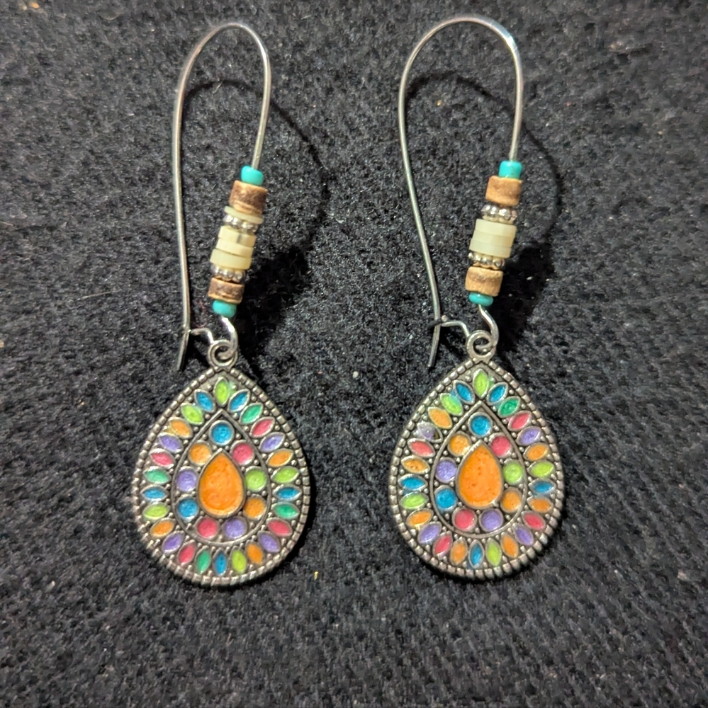 Silver Tone Colorful Pastel Enamel Teardrop Dangle Statement Earrings